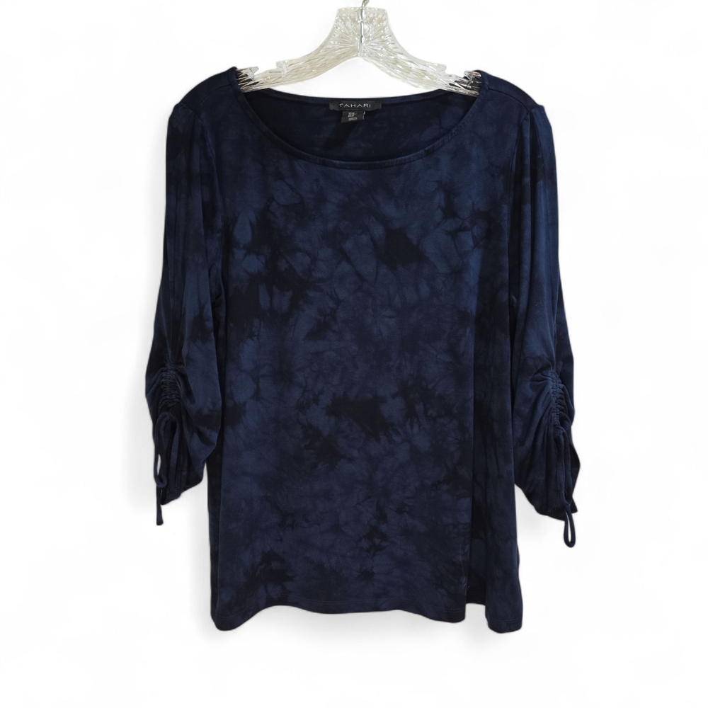 Tahari Jersey Knit Blue & Black Tie Dye Tee‎ Lace Sleeve Bateau Neck Medium